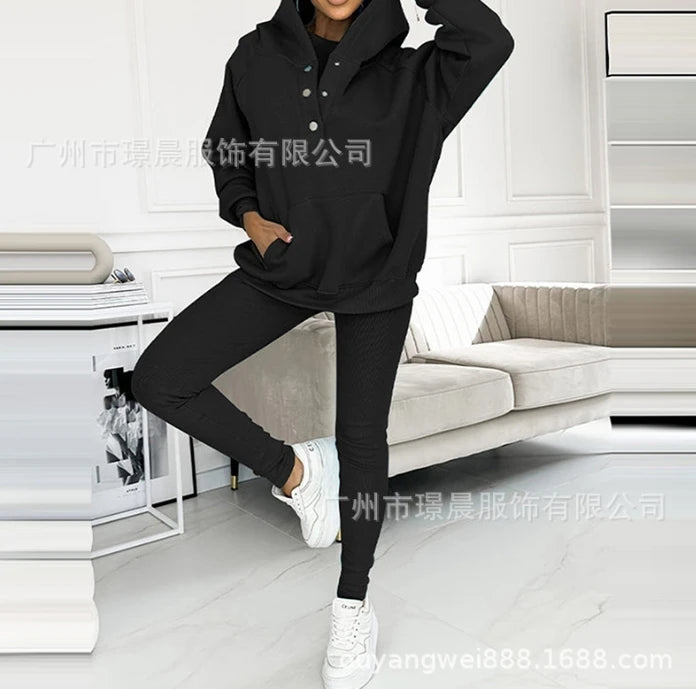 Two Piece Set for Women 2024 Solid Color Casual Comfortable Loose Fitting Long Sleeved Hoodie and Sports Plain Long Pants Set