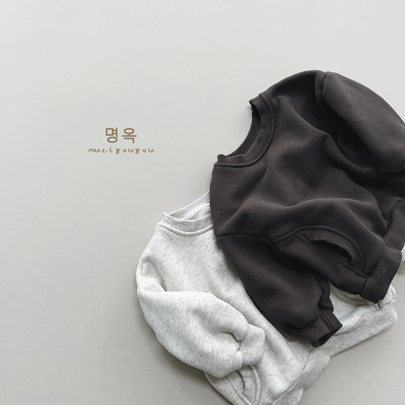 2025 Winter New Baby Long Sleeve Fleece Sweatshirt Infant Boy Girl Solid Warm Pullover Plus Velvet Thick Toddler Casual Clothes