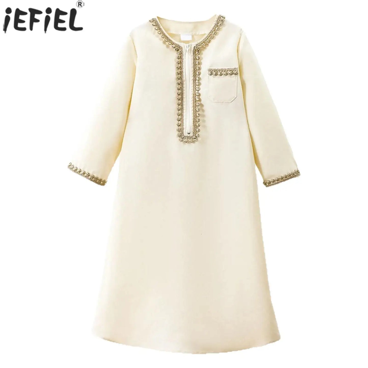 Muslim Boys Robe Kids Arabic Islamic Abaya Kaftan Prayer Clothing Long Sleeve Embroidered Zipper Gown Top Ramadan Eid Thobe