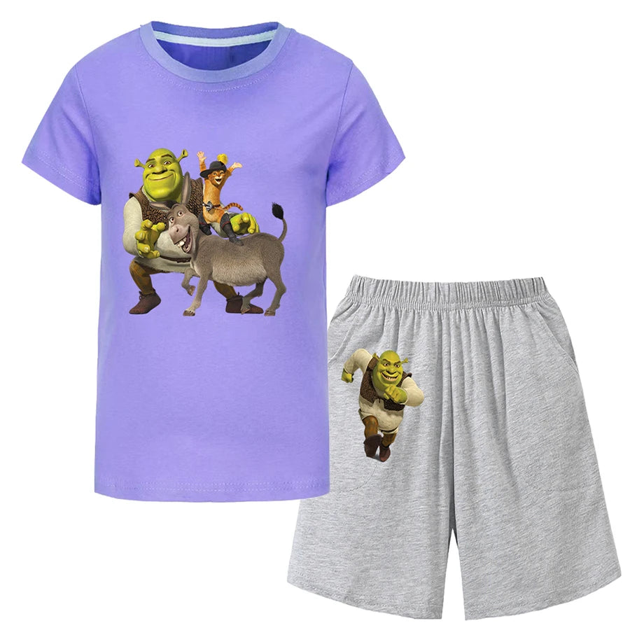 Shrek Child Tracksuit Blouse Short Sleeve Family Matching Clothes Sets for Baby Set for Children From 6 To 12 Years Old Summer