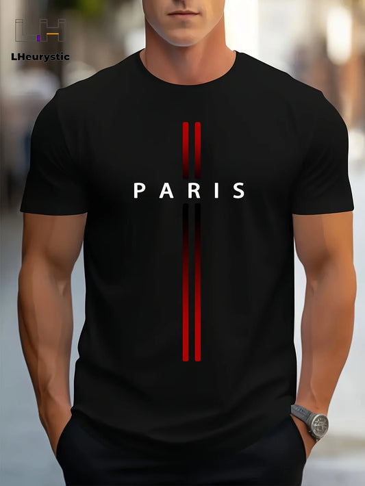 Men's summer loose size PARIS letter Graphic printed slim fit casual sports round neck short sleeved T-shirt top