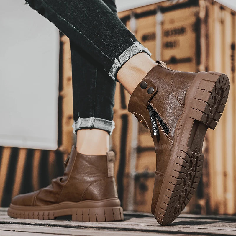 Fashion Mens Ankle Boots British Style High Top Casual Shoes Outdoor Walking Shoes Non-slip Work Boots Comfortable Leather Boots