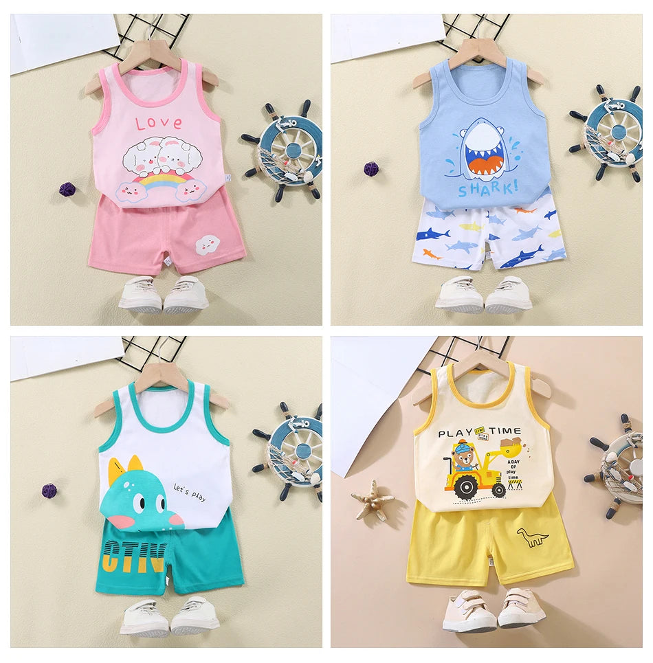 2025 New Kids Tank Tops and Shorts Set Summer Baby Toddler Sleeveless Outfit Girls Boys Casual Breathable Cartoon Clothing