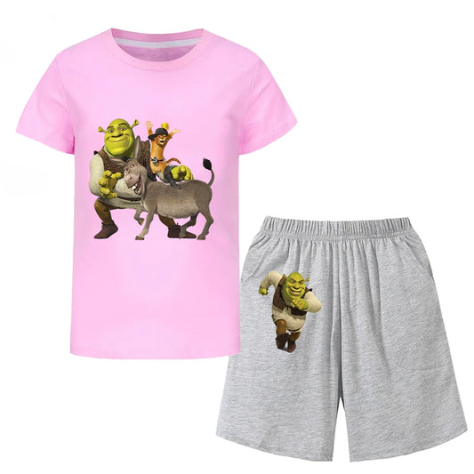 Shrek Child Tracksuit Blouse Short Sleeve Family Matching Clothes Sets for Baby Set for Children From 6 To 12 Years Old Summer