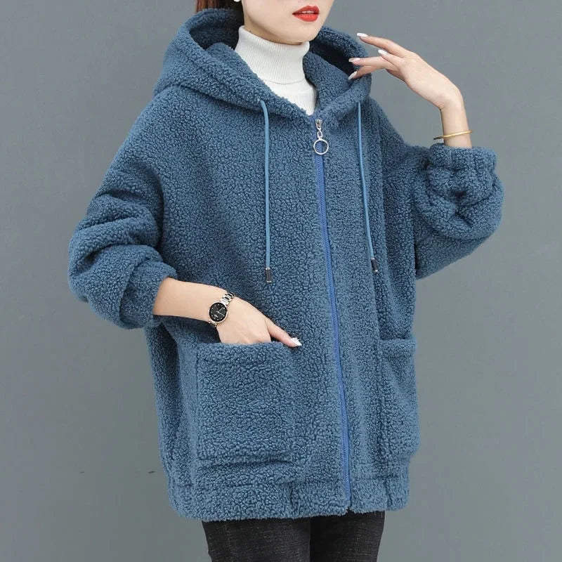 Lamb Velvet Hoodie Women's Thickened Fleece Teddy Velvet Loose Autumn Winter Korean Style Zipper Cardigan 082