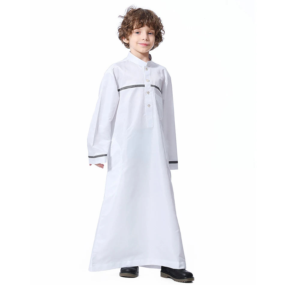 Ramadan Eid Islamic Boys Long Robe Children Traditional Arab Thobe Thawb Caftan Solid Color Long Sleeve Stand Collar with Pocket