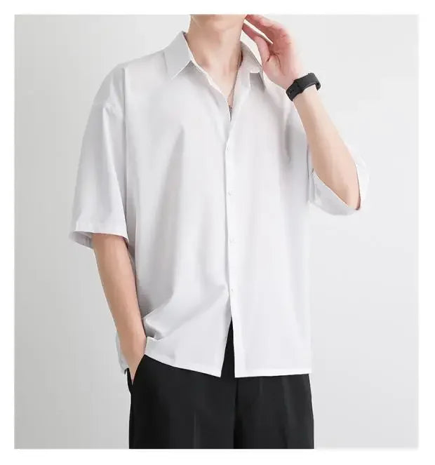 Men's Summer Loose Thin Ice Silk Short Sleeve White Shirt Half Sleeve Open Cardigan Breathable Korean Style Casual Top