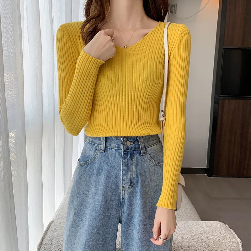 2026 Fashion Casual Long Sleeve Knitted Sweaters Korean Autumn Winter V Neck Sweater Solid Color Slim Pullovers Women Clothes