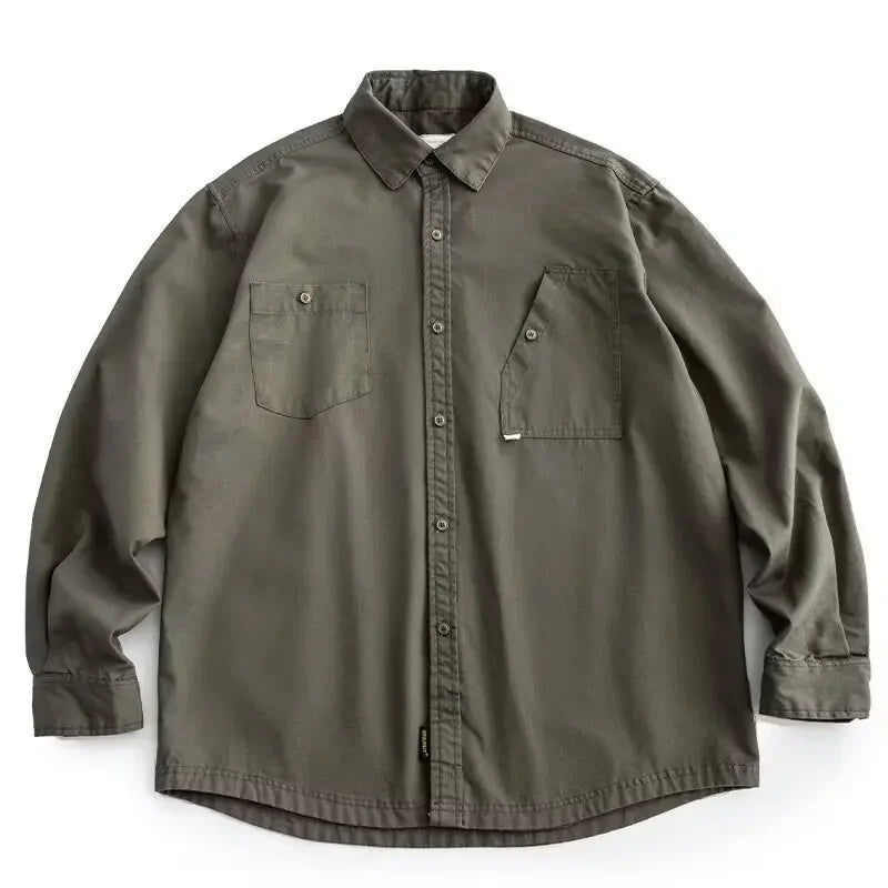 Retro Japanese Style Long Sleeve Workwear Shirt Men's Loose Casual Coat with Pocket Youth Versatile Spring Autumn Fashion