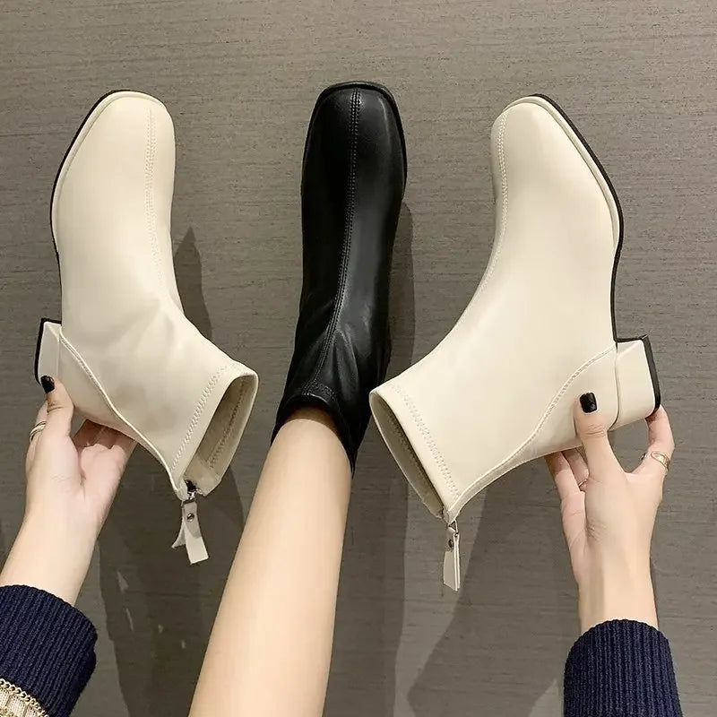 2025 New Elastic Socks Boots Women's Ankle Boots High Heels Thick Heels Square Toe Short Boots Retro Women's Shoes Botas Mujer
