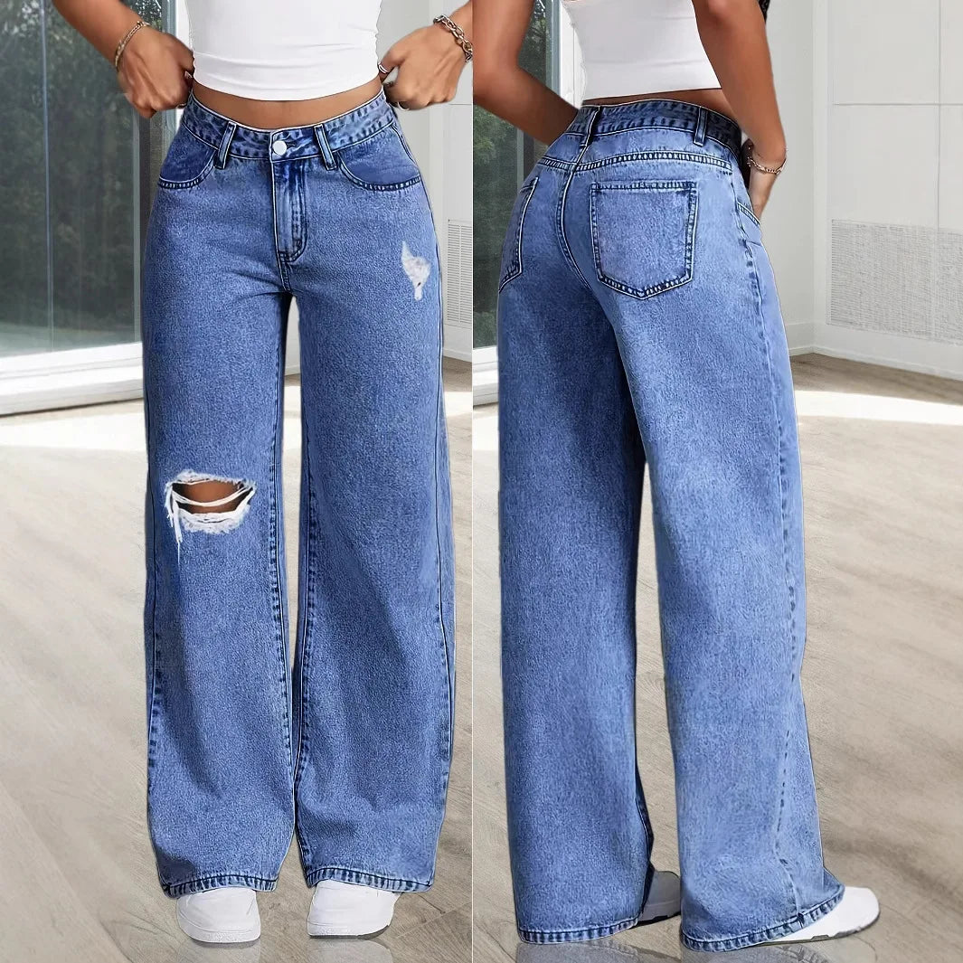 2025 New Washed Ripped Wide-leg Jeans, Fashionable and Casual High-waisted Floor-length Jeans for Women in Spring and Summer