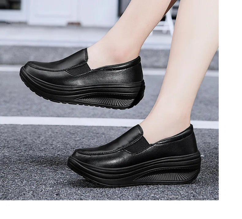 Women's Shoes Spring Genuine Leather Soft Outsole Work Shoes Female Black Swing Shoes Woman Plus Size Wedges Single Shoes
