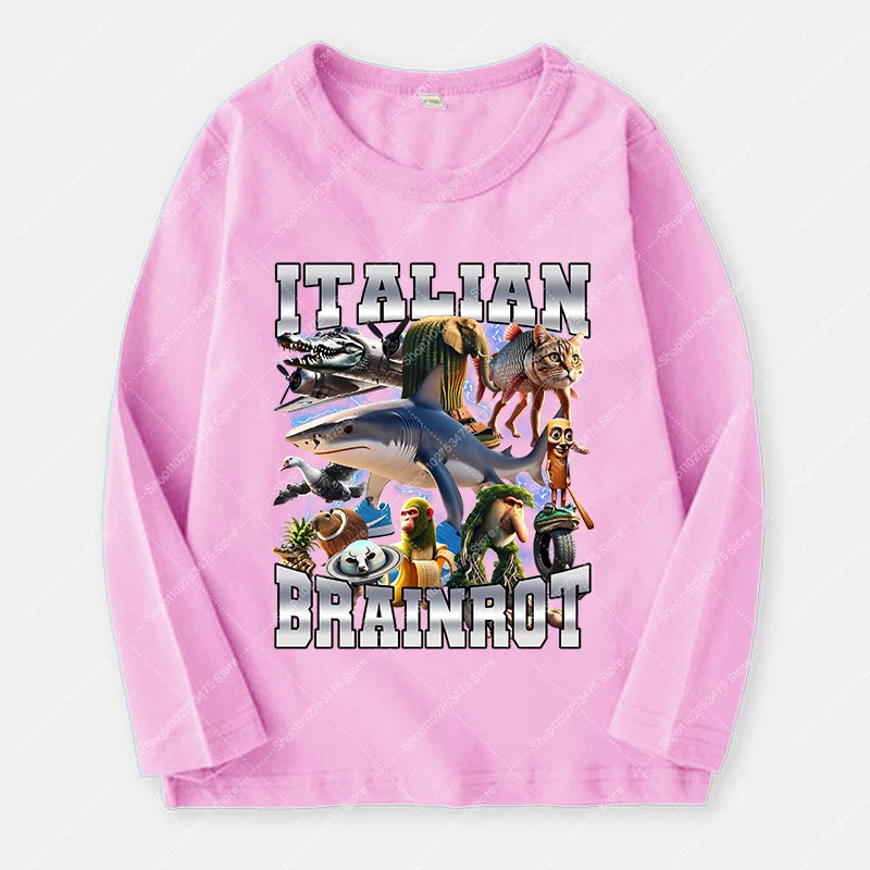 Italian Brainrot Long Sleeve T-shirt for Kids Funny Meme Children Autumn Tops Tung Tung Tung Sahur Tee Boy Girl Clothing Gifts