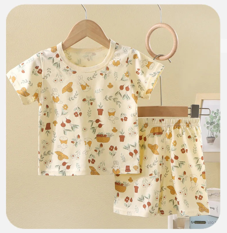 Summer Korean Nordic Style 0-5Y Kids Pajama Set Cotton Animal Print Pure Cotton Baby Girl Boy Sleeping Suit Casual Loose Clothes