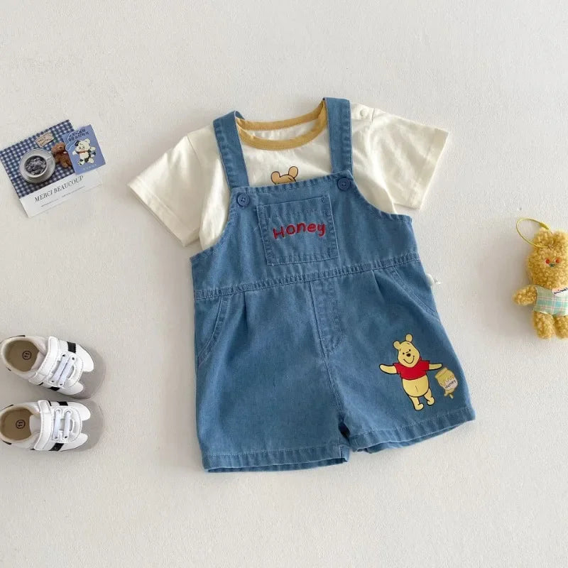 Baby Cartoon 2pcs Set for Summer Winnie Bear Short Sleeve T-shirt Loose Denim Straps Shorts Girl and Boy Clothes Set