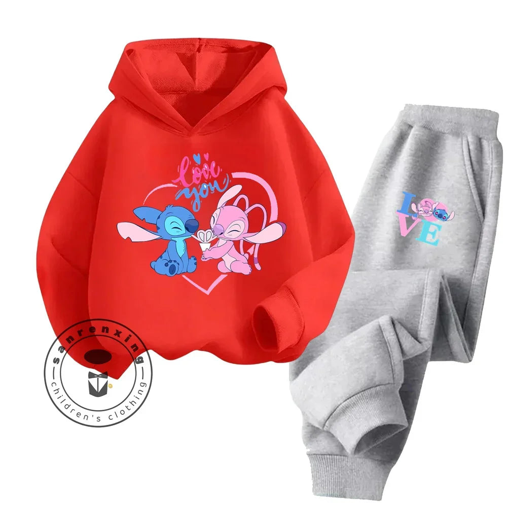 Cartoon Stitch Children Hooded Sweatshirt+Pants Two-piece Set Boy Girl Autumn Winter Daily Outdoor Vacation Warm Soft Sportswear