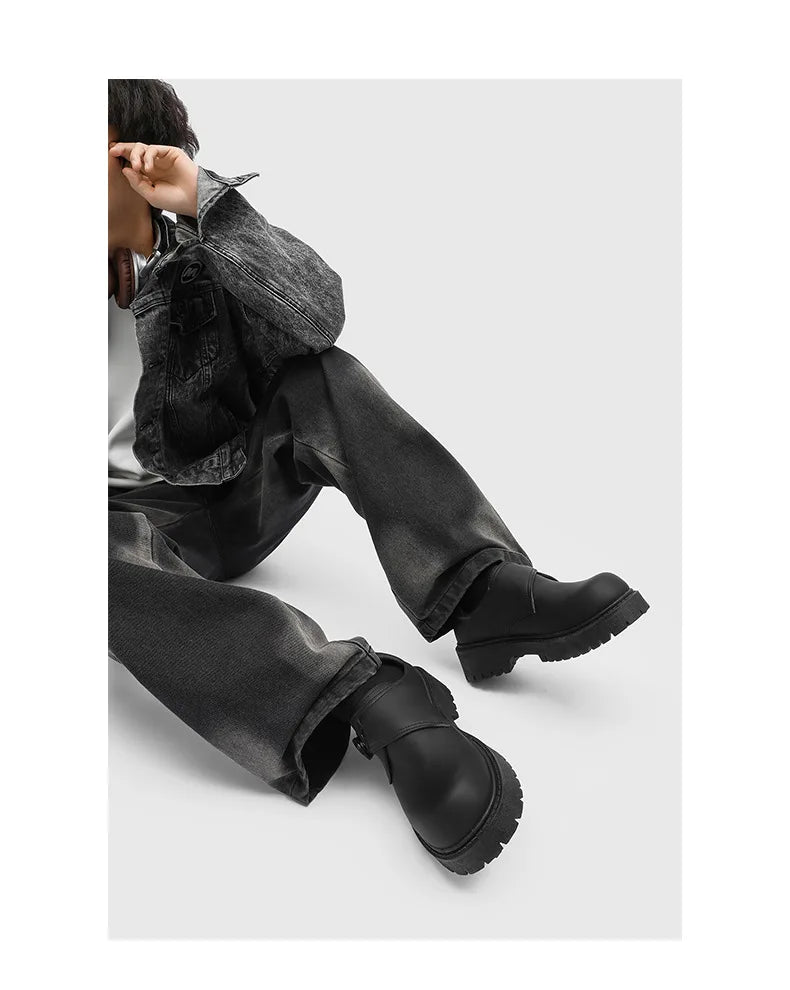 2025 Mens British Retro Wide Round-Toe Derby Shoes Chunky Platform Casual Leather Boots Trendy Streetwear Footwear for Wide Feet