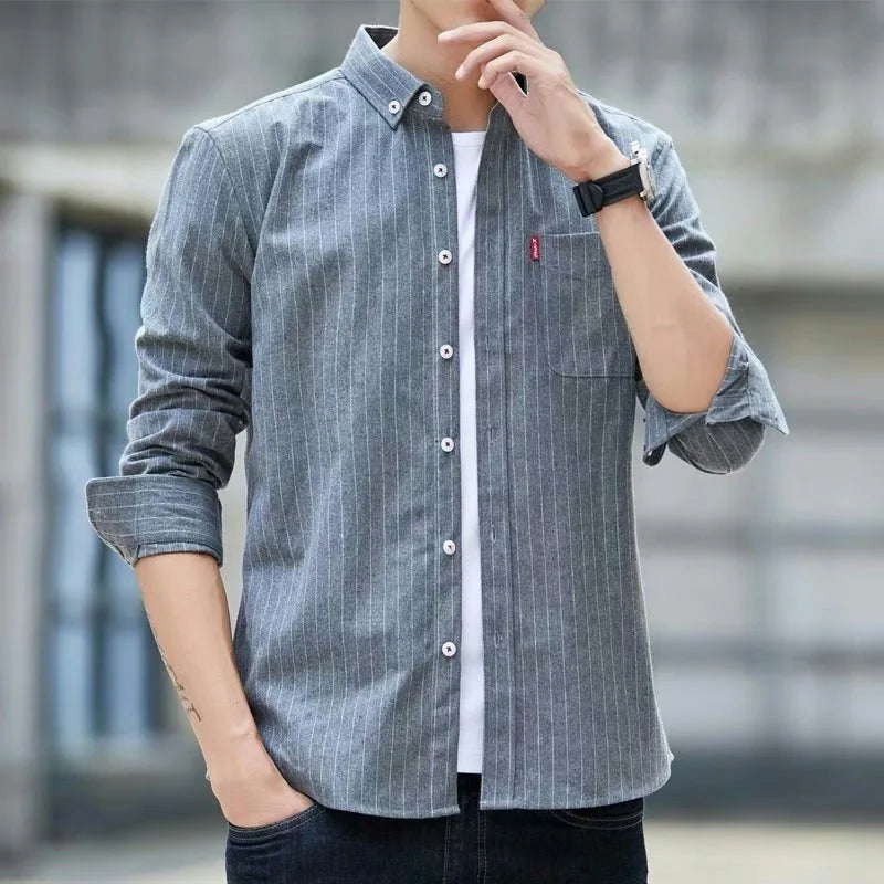 Oxford Cloth Long Sleeve Casual Shirt Thin Summer Men's Fashion Striped Shirt Versatile Loose Fit Sharp Collar Wool Blend