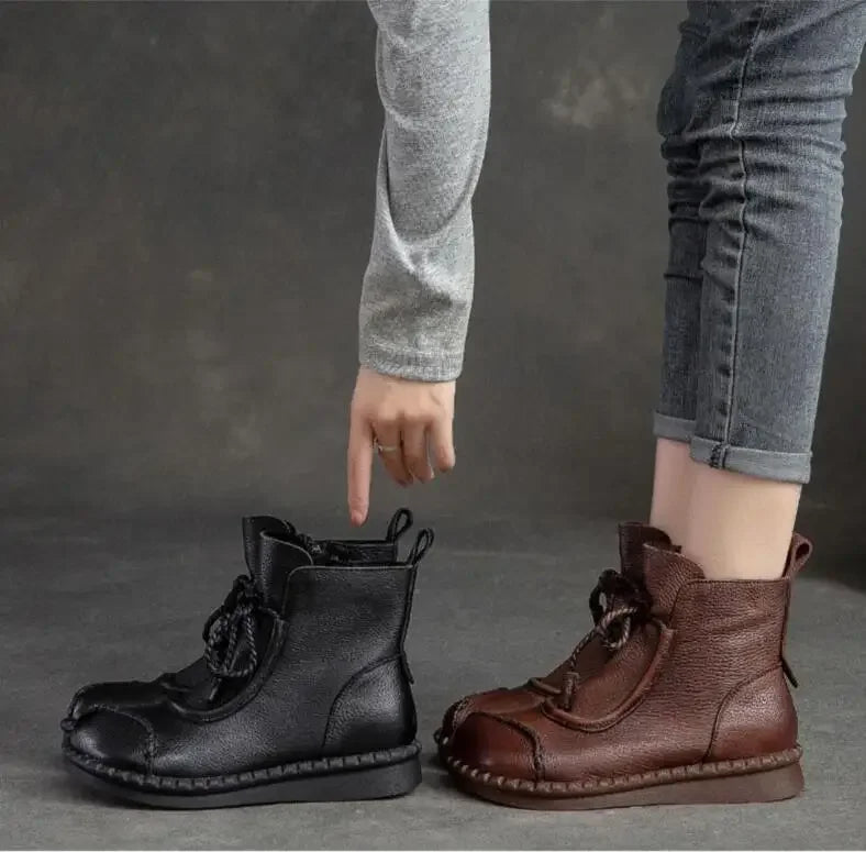 Women's Boots Spring Autumn New Retro Non-Slip Soft Bottom Flat Shoes Comfortable Soft Cowhide Ankle Boots