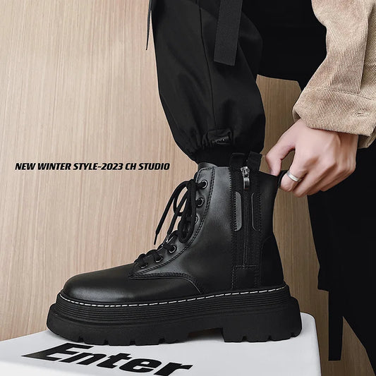 Men's New Arrival Black Leather High-top British Fashion Locomotive Work Boots - Stylish and Durable for Daily Wear
