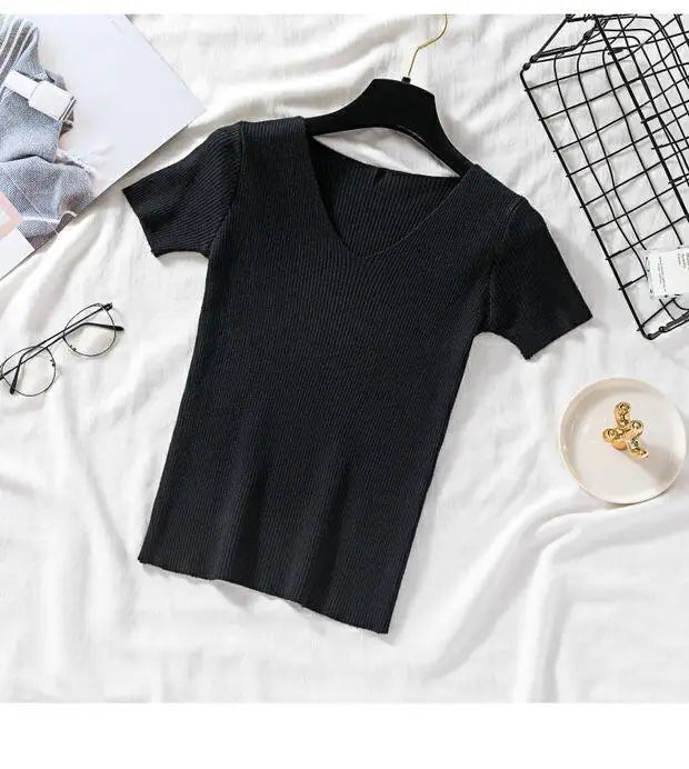 2026 Basic V-neck Solid Thin Summer Women Pullover Female Knitted Ribbed Sweater Slim Short Sleeve Bodycon Sweater
