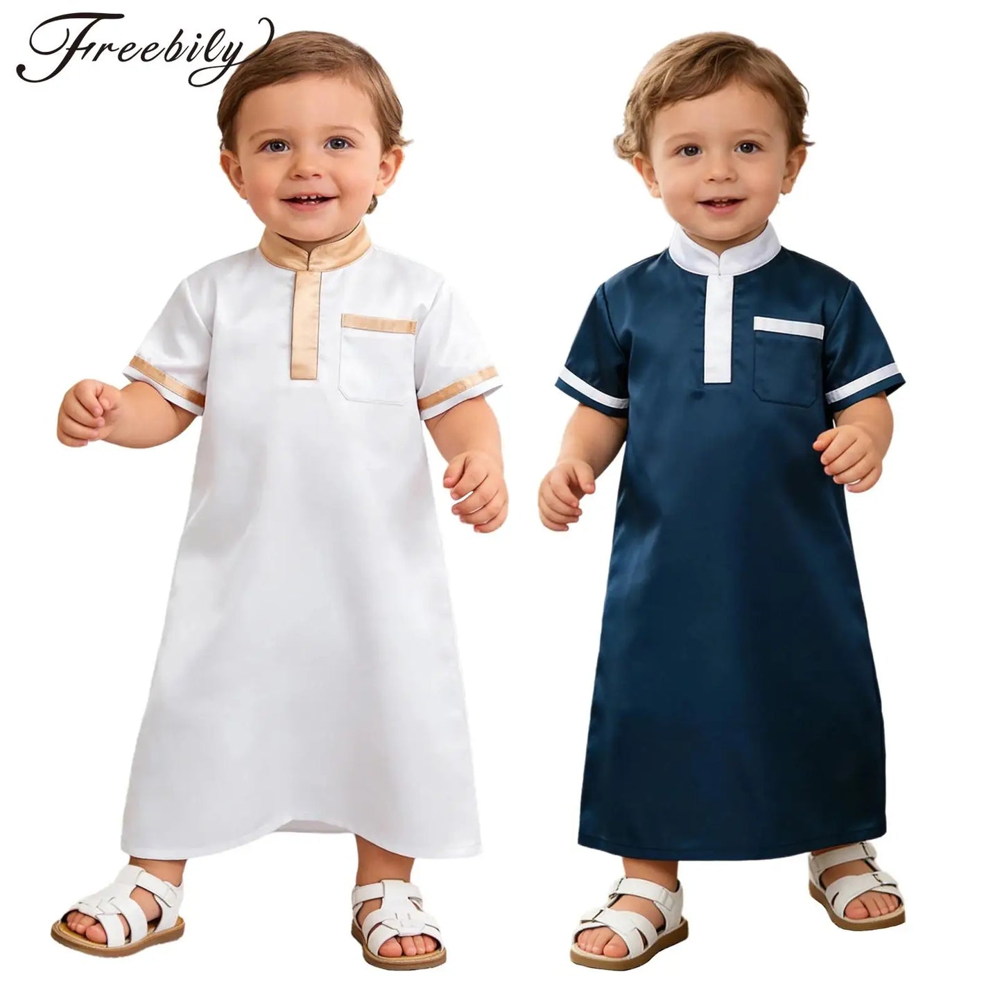 Muslim Baby Boys Robe Ramadan Eid Abaya Stand Collar Short Sleeve Satin Dress Gown with Pocket Arabic Islamic Dubai Kaftan Thobe