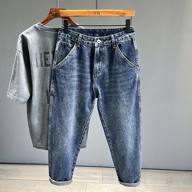 Men's Tapered Jeans Fashion Streetwear Casual Pants Personality Vintage Blue Denim Trousers Hip Hop High Quality Male Clothes