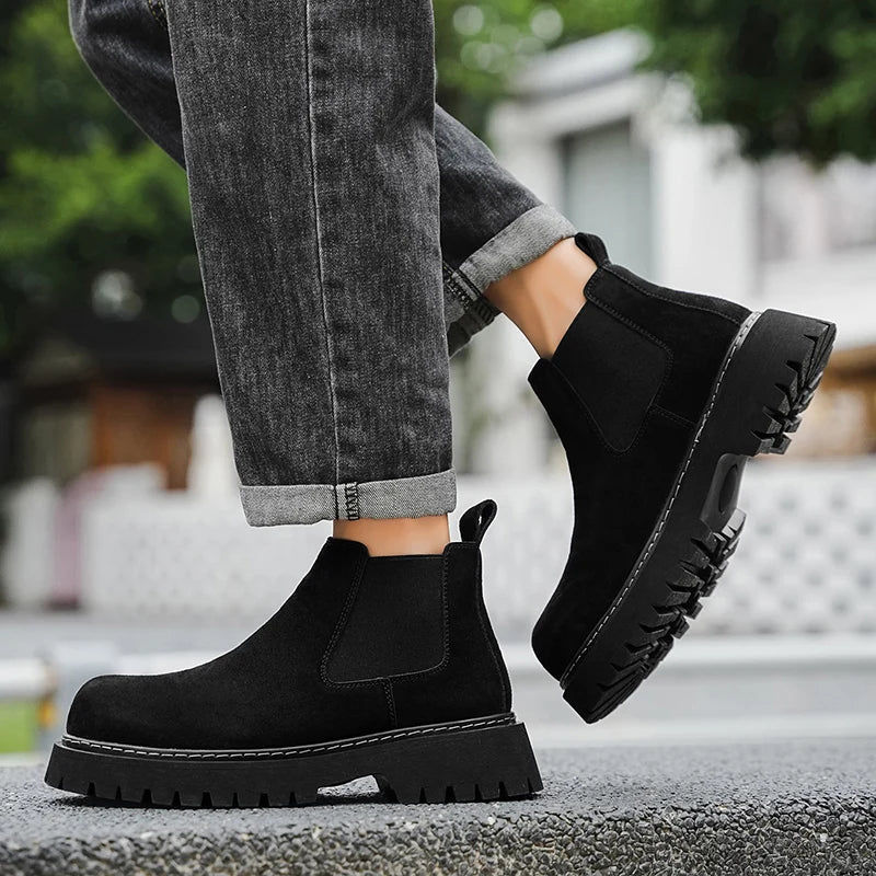 High Quality Fashion Mens Boots Black Boots Fashion Casual British Style Thick Bottomed Mid-top Chelsea Boots Large Size