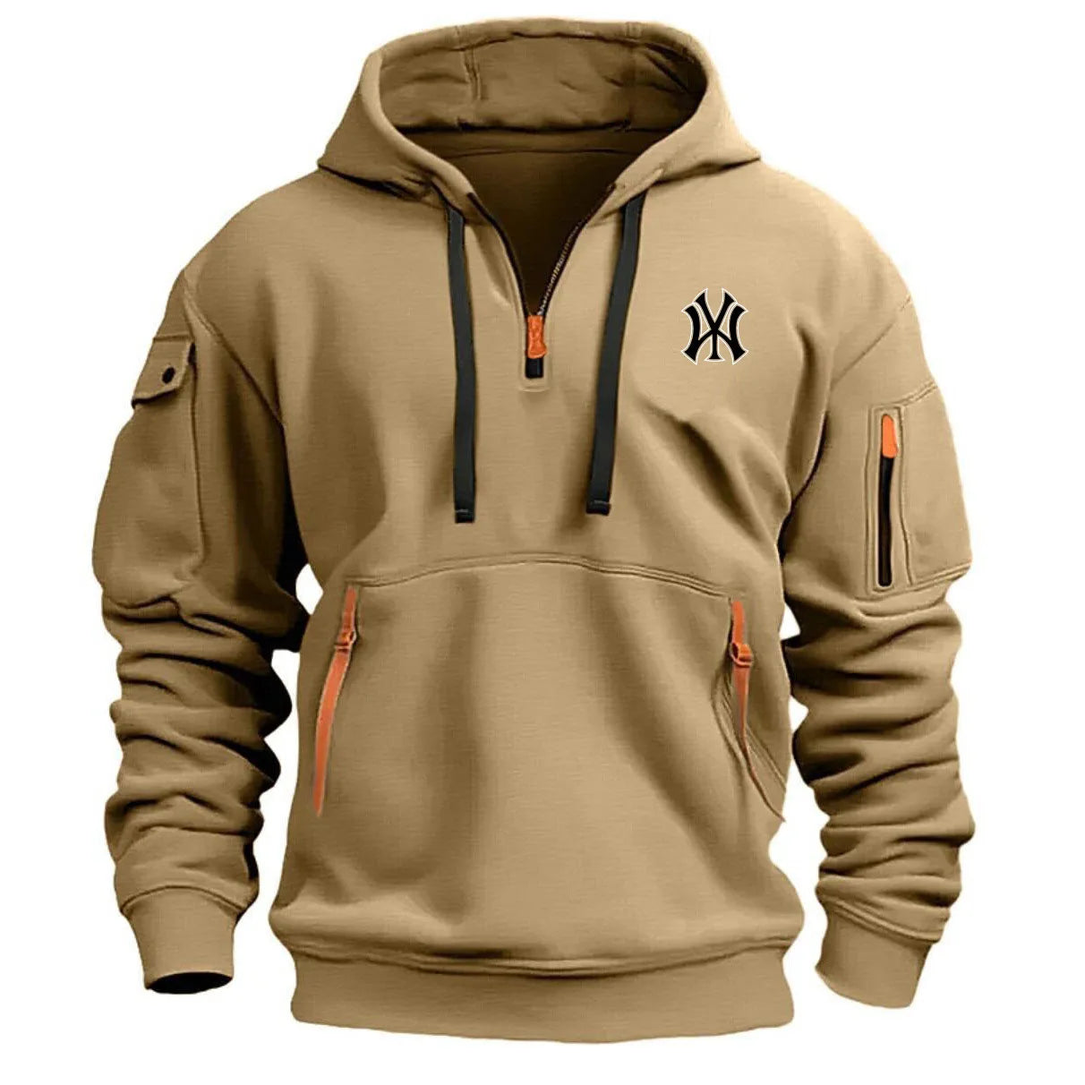 Men's casual sports hoodie spring and autumn fashion arm pocket pull rope hooded solid color loose long-sleeved blouse pullover