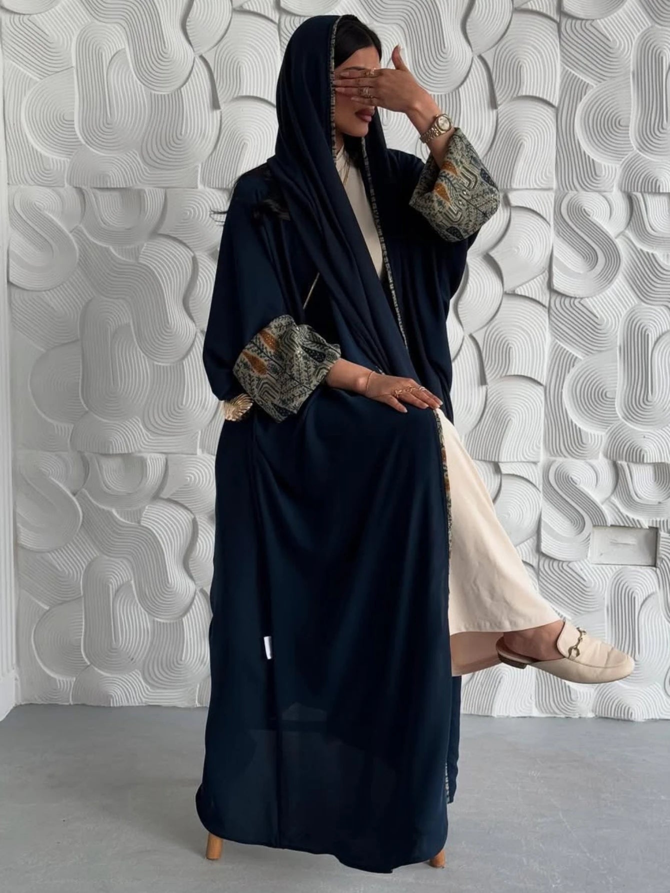 Muslim Women Abayas +Hajib 2pcs Islamic Kaftans Casual Maxi Dresses Arabian Jilbabs Middle Eastern Full Sleeve Open Front Abaya