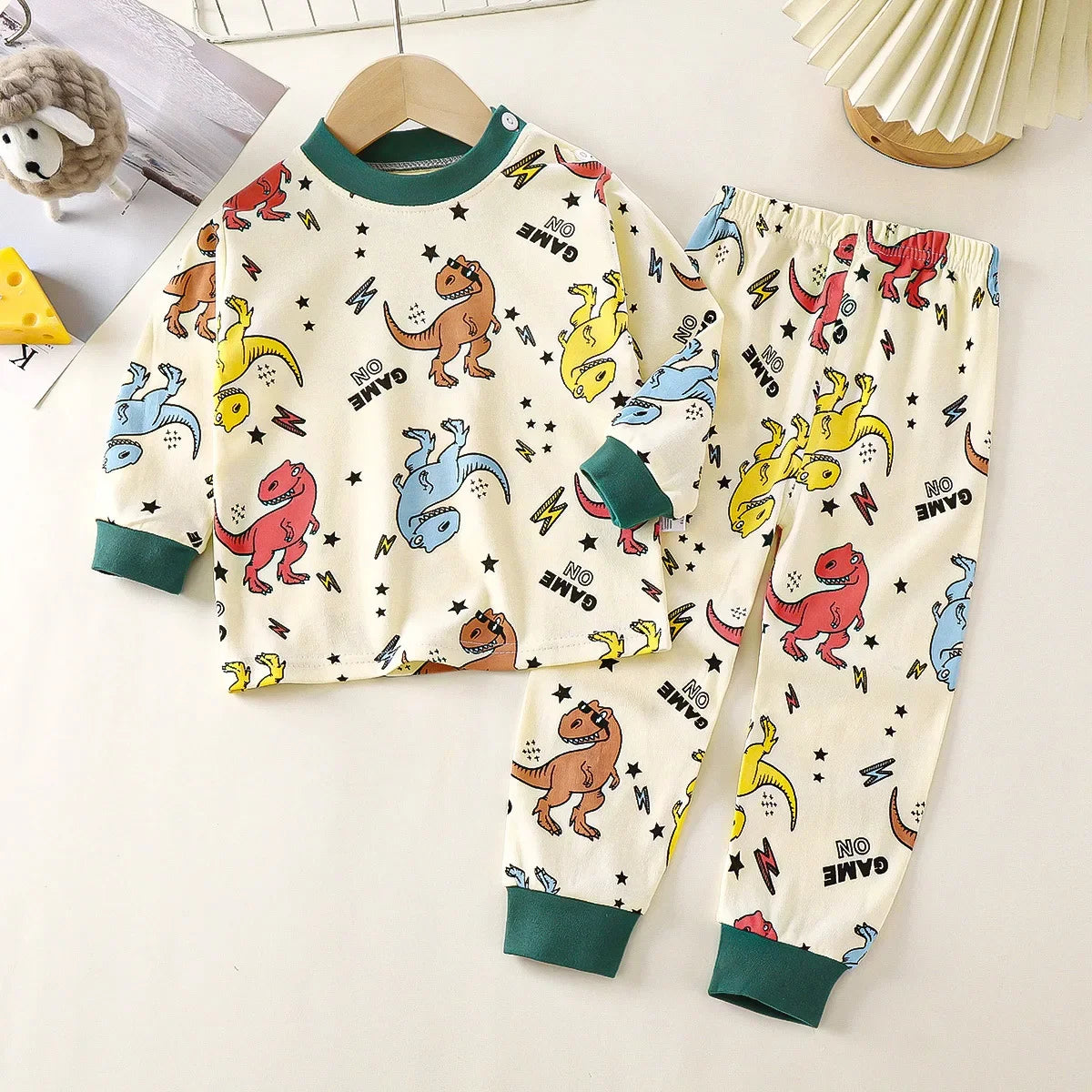 New 2025 Boys Girls Autumn Warm Pure Cotton Pajamas Kids Cute Cartoon Dinosaur Long Sleeve Pyjamas Baby Sleepwear Clothing Sets