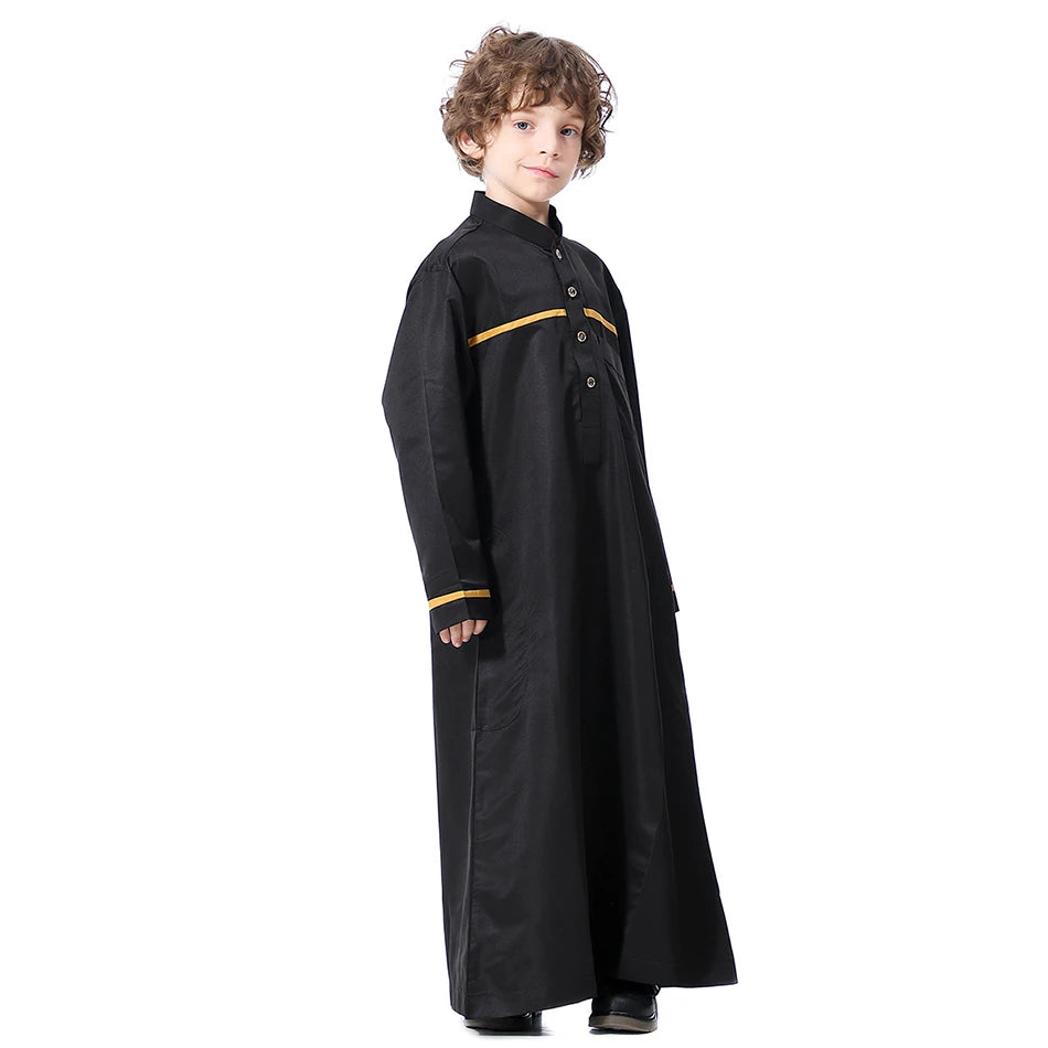 Ramadan Eid Islamic Boys Long Robe Children Traditional Arab Thobe Thawb Caftan Solid Color Long Sleeve Stand Collar with Pocket