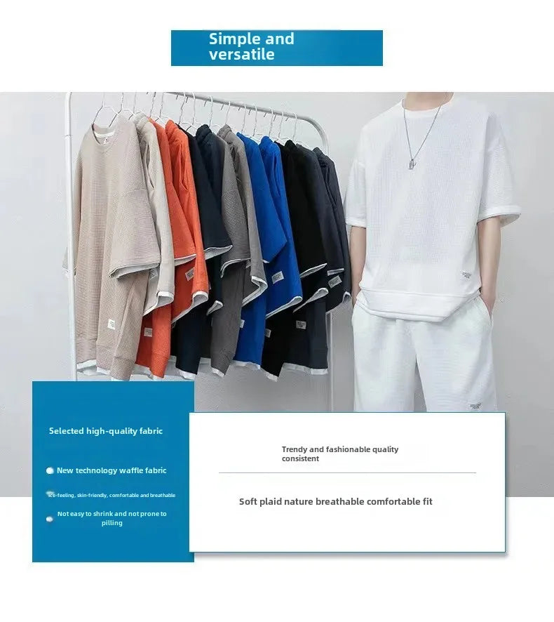 Casual Summer Sports Wear Loose-Fit Men's Suit Korean Trendy Short Sleeves T-shirt 2-Piece Set Lightweight Fashionable Streetwea