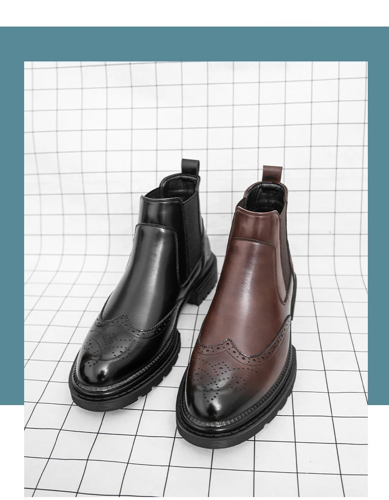 Men's riding boots British-style retro brogue carved high-top leather shoes men's casual leather shoes thick-soled leather boots