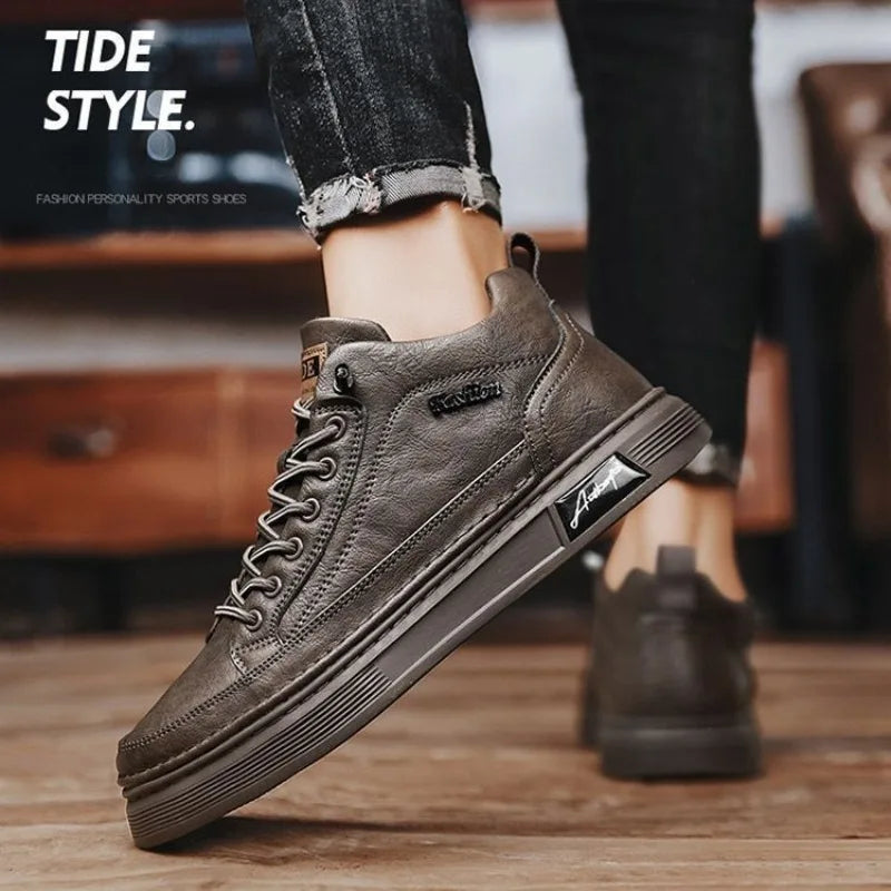 Classic Men Leather Casual Shoes Spring New High Top Platform Shoes Loafers Luxury British Business Style Walking Shoe Masculino