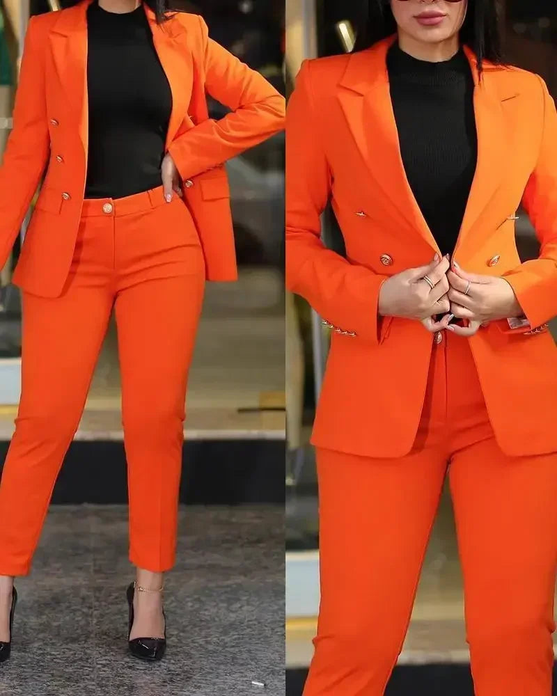 2025 Spring Autumn Two Piece Set Women Office Tracksuits For Ladies Outfits Lapel Collar Double Breasted Blazer Suit Pants Set