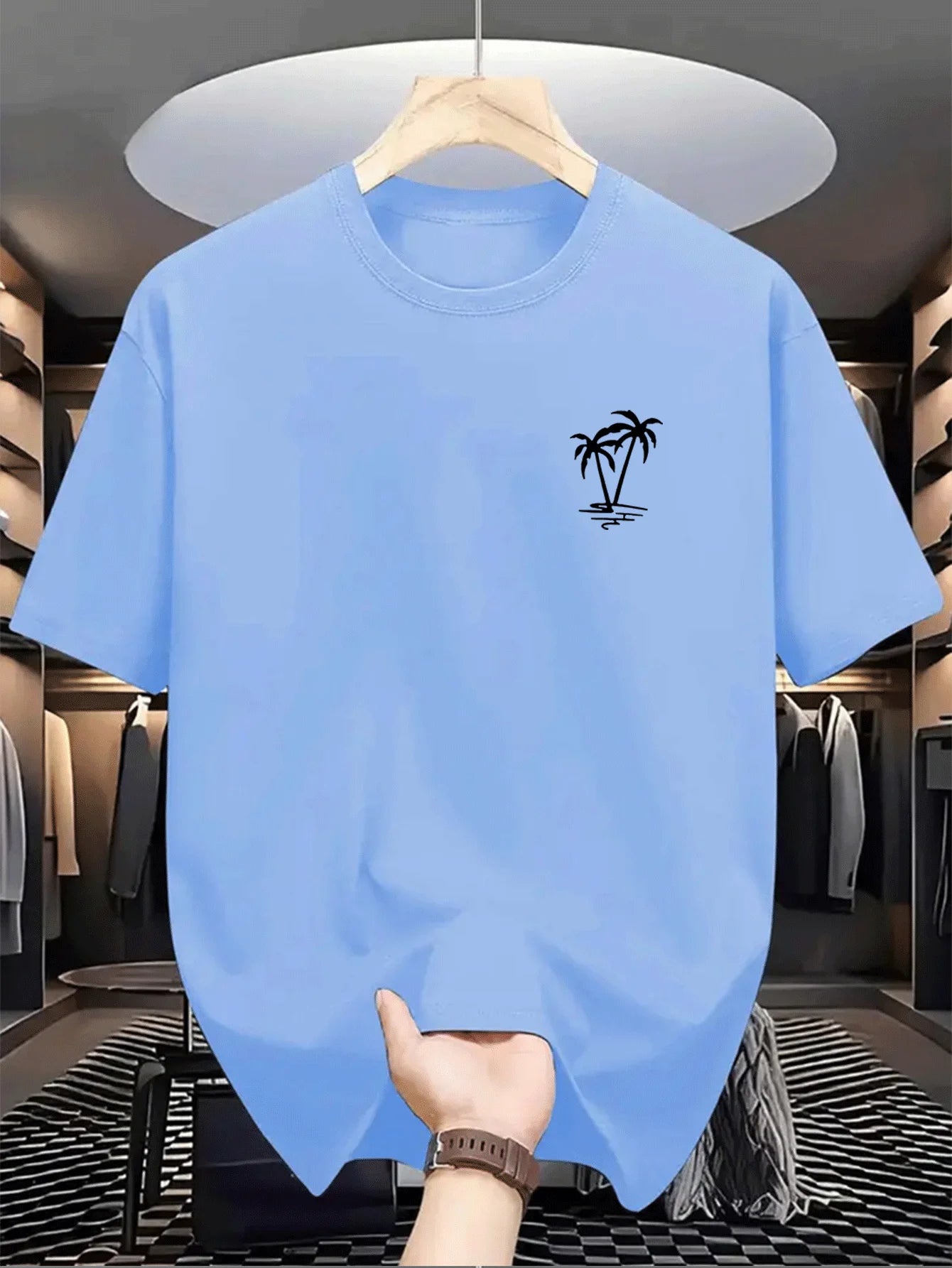 Men's summer  cotton fashionable casual loose coconut tree pattern printed sports round neck short sleeved T-shirt top