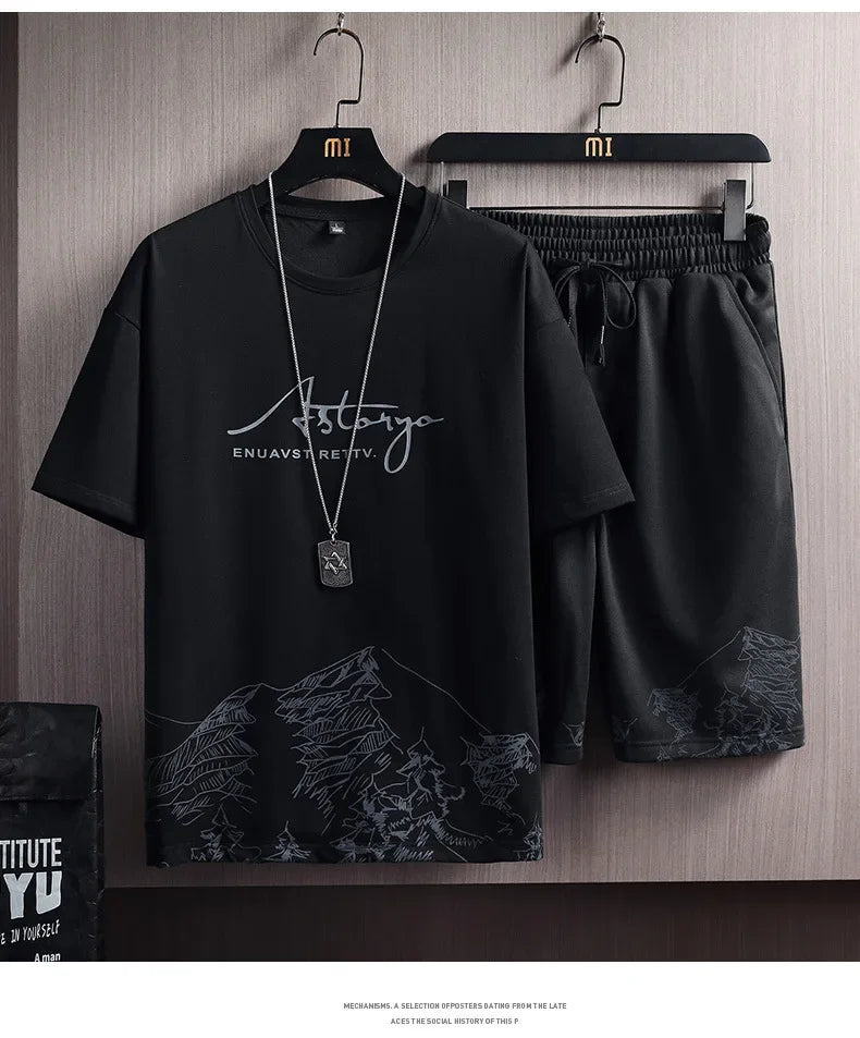 Ice Sensation Printed Summer Short Sleeve T-Shirt Set Men's Loose Basketball Sports Two-Piece Quick Dry Breathable Casual Wear