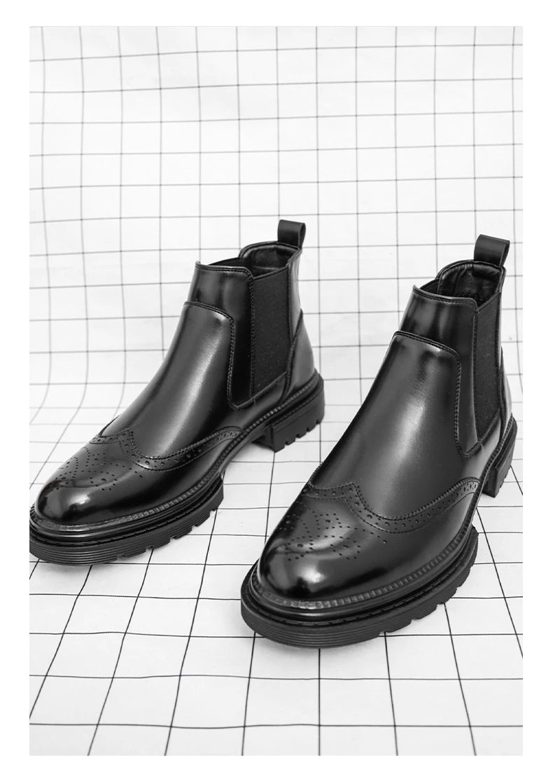 Men's riding boots British-style retro brogue carved high-top leather shoes men's casual leather shoes thick-soled leather boots