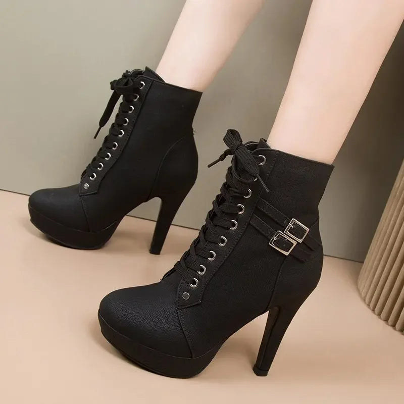 Women High Heels Platform Ankle Boots 2025 Autumn Winter Fashion Thick Heel Cross Strap Boots Female Belt Buckle Short Booties