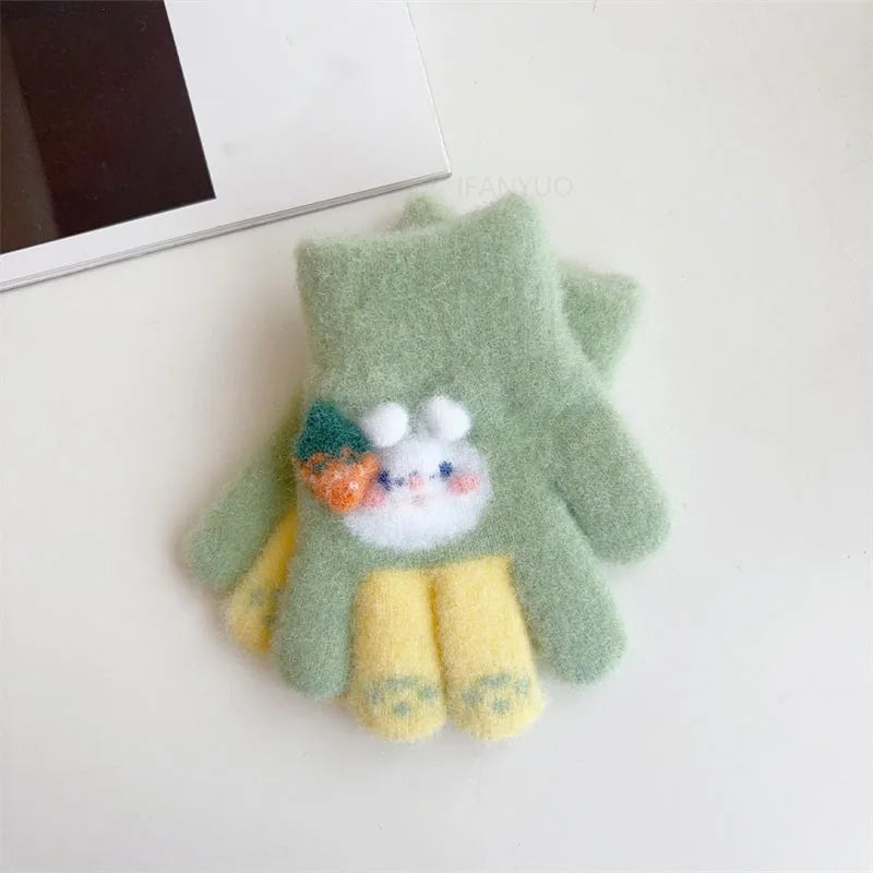 3-6Ages Children's Cute Strawberry Rabbit Kids Warm Gloves Autumn Winter Baby Boys Girls Five Finger Mittens Kindergarten Glove