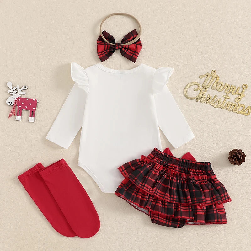 2024-08-20 Lioraitiin Christmas Infant Baby Girl Outfit Letter Ruffle Long Sleeve Romper Plaid Layered Ruffle Shorts Clothes