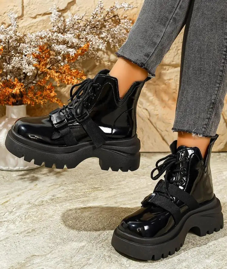 Black Platform Casual Women's Ankle Boots 2025 New Designer Autumn Winter British Style Boots Shoes for Women Botas De Mujer