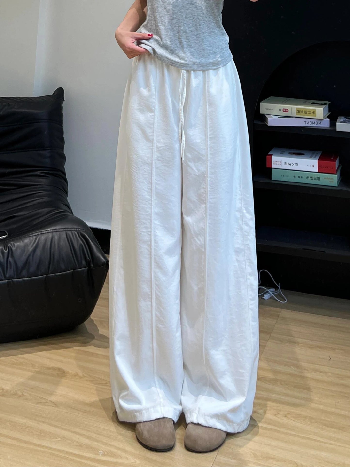 Korean Sle Simple White Straight Leg Pants Women Summer Thin High Waist Wide Leg Loose Feelings Casual Trousers
