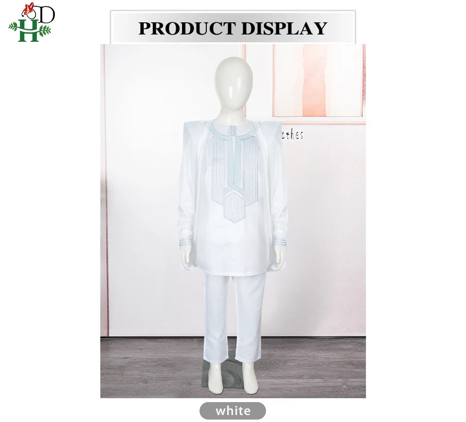 H&D 2025 African Tradition Clothes For Kids Boys White Blue Long Sleeve Tops Embroidery Dashiki Robe Shirt Pant Child Set 3 PCS
