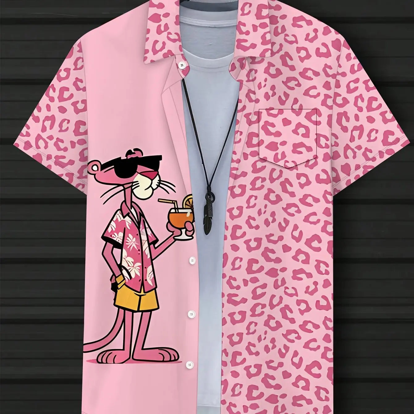 Men's Hawaiian Shirt - Cartoon and Leopard Print Short-sleeved, with a Pocket on the Chest, Machine Washable, Regular Fit, Summe