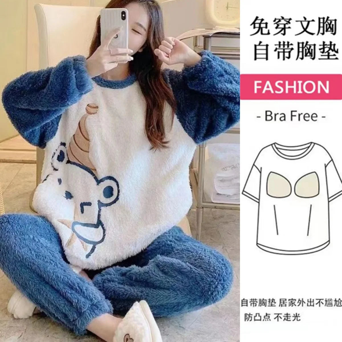 Thickened Long Sleeve Home Clothes Set with Chest Pad Winter Coral Fleece Korean Style Student Cute Large Size Home Clothes Set