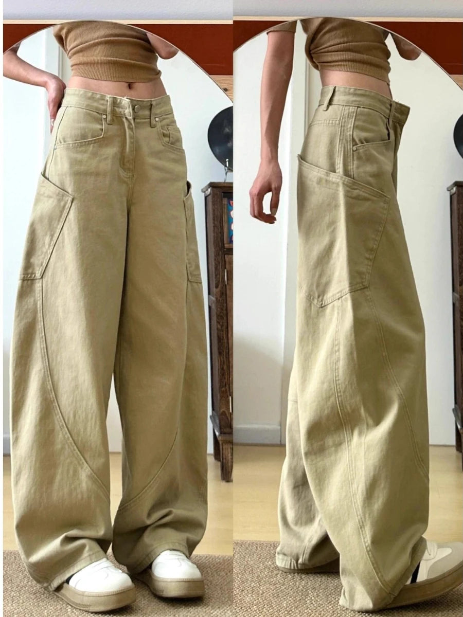 Retro American Khaki Wide Leg Jeans Women's Loose Fit Slimming Spring Autumn High Waist Versatile Casual Cotton Denim Pants