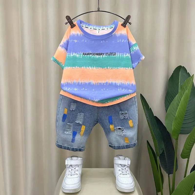 Korean Baby Boys Summer Sets Children's Clothing Short-Sleeved Letter T-Shirt & Denim Shorts Kids Boys Outfits Clothes 2-11Y