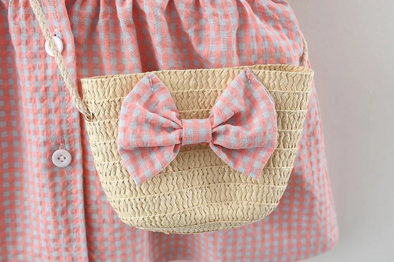 2 Pcs Summer New Dress Girl's Sleeveless Lace Heart Collar Sweet and Beautiful Plaid Button Cotton Cloth Dress